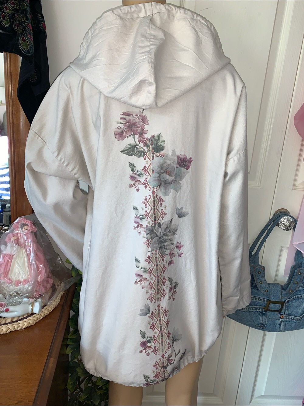 Vtg 90s Italian hooded floral cotton light jacket L - Picture 2 of 11